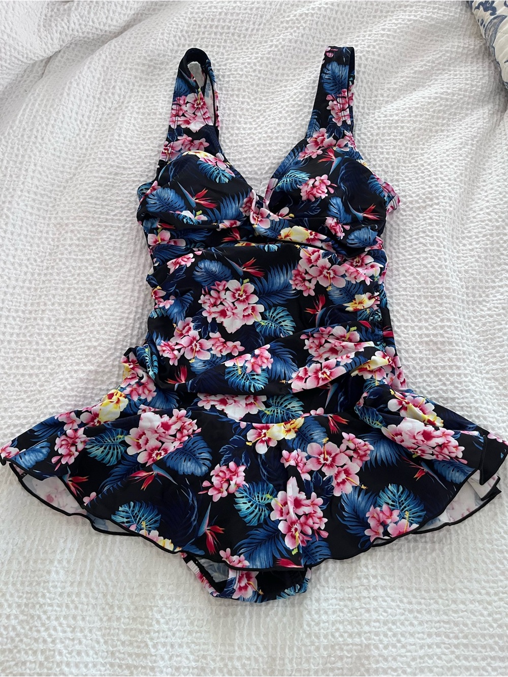 Alisha Levine Navy Floral Ruffle One-Piece Swimsuit